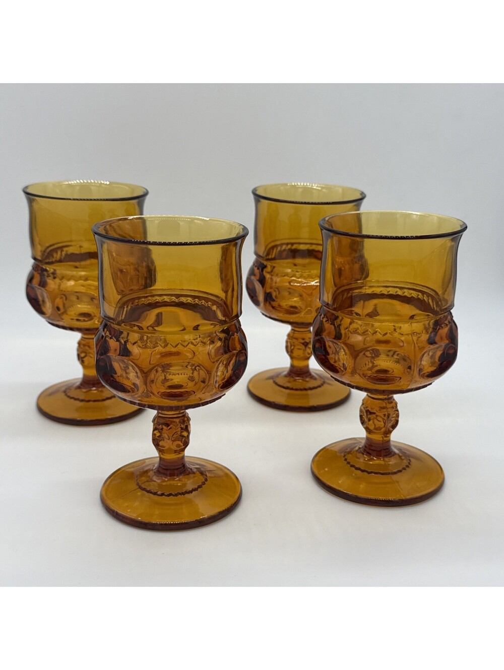 Vintage Amber Glass Water Wine Goblets King's Crown Thumbprint Set of 4